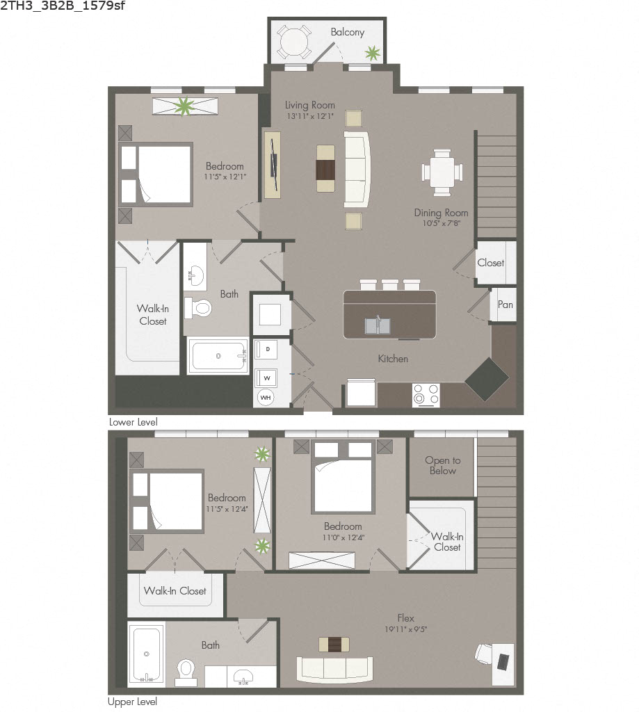 Floor plan for 3 beds, 2 baths, 1540 sqft